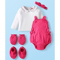 Babyhug Interlock Knit Polka Dot Printed Onesie & Full Sleeves Top With Mittens Booties & Hairband - Dark Pink