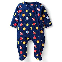 Babyhug Cotton Knit Full Sleeves Front Open Footed Sleep Suit with Space Theme Print - Navy Blue