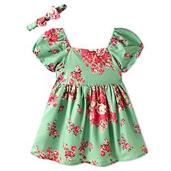 Babyhug Woven Half Puffed Sleeves Floral Printed Frock with Headband - Light Green