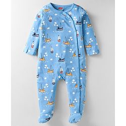 Babyhug Cotton Knit Full Sleeves Boat Printed Front Open Footed Sleep Suit - Light Blue
