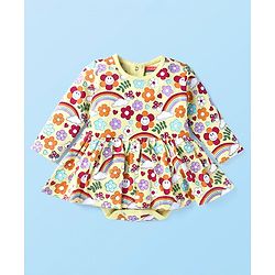 Babyhug 100% Cotton Knit Full Sleeves Floral Printed Frock Style Onesie - Cream