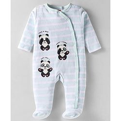 Babyhug Cotton Knit  Full Sleeves Striped Front Open Footed Sleep Suit Panda Print - Light Blue