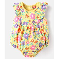 Babyoye 100% Cotton Knit Frill Sleeves Onesie Floral Print - Yellow