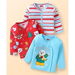 Babyhug 100% Cotton Interlock Knit Full Sleeves Front Open Vests With Stripes & Animal Print Pack Of 3 - Light Blue Red & White