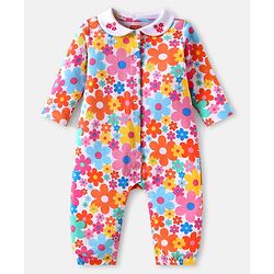 Babyhug 100% Cotton Knit Full Sleeves Front Open Romper with Floral Print - Multicolor