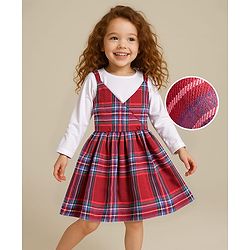 Babyhug Woven Full Sleeves Frock & Shrug With Checks Print - Red