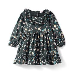 Babyhug Woven Full Peasant Sleeves Floral Printed Frock with Frill Detailing - Dark Green