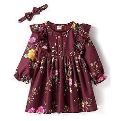 Babyhug Woven Full Sleeves Floral Printed Frock With Frill Detail & Headband - Maroon