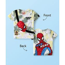 Babyhug Marvel Cotton Knit Half Sleeves Tie Dye T-Shirt with Front & Back Spiderman Graphic & Attached Pouch Applique - White & Red