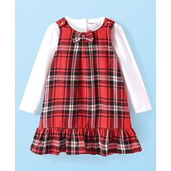 Babyhug Woven Full Sleeves Solid Top & A Line Checkered Frock with Bow Applique - Red