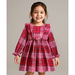 Babyhug Woven Full Sleeves Checkered Frock with Bow Applique & Frill Detailing - Red