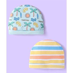 Babyhug Interlock Cotton Knit Tropical & Stripe Printed Caps Pack Of 2 - Blue & Yellow