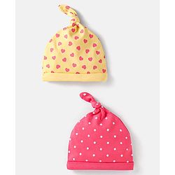 Babyhug Interlock Cotton Knit Heart & Polka Dot Printed Caps Pack Of 2 - Dark Pink & Yellow