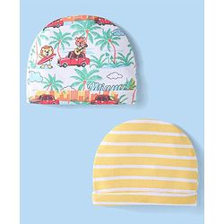 Babyhug Interlock Cotton Knit Tropical & Stripe Printed Caps Pack Of 2 - White & Yellow