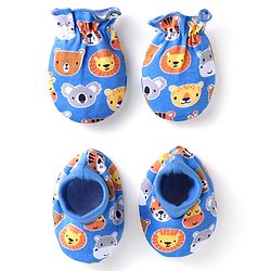 Babyhug 100% Cotton Knit Mittens & Booties With Animal Print - Blue