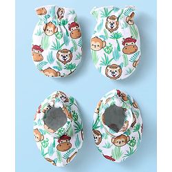 Babyhug 100% Cotton Knit Mittens & Booties With Jungle Print - White & Green