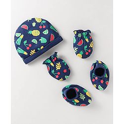 Babyhug Interlock Knit Caps Mittens & Booties With Fruit Print - Navy Blue