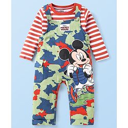 Babyhug Disney Single Jersey Knit Full Sleeves T-Shirt with Dungaree Mickey Mouse Graphics & Camouflage Detailing - Green & Red