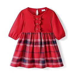 Babyhug Cotton Woven Full Sleeves Checkered Frock With Frill Detailing - Red