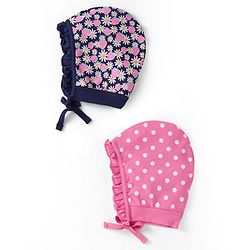 Babyhug Interlock Knit Caps with Floral Print & Polka Dots Pack of 2 - Pink & Navy Blue