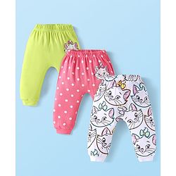 Babyhug Disney Interlock Knit Full Length Diaper Leggings with Polka Dots & Marie Print Pack of 3 - Dark Pink Green & White