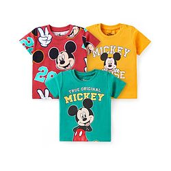 Babyhug Disney Single Jersey Knit Half Sleeves T-Shirts with Mickey Mouse Graphics Pack of 3 - Yellow Red & Green