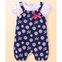 Babyhug Single Jersey Knit Dungaree Style Romper & Half Sleeves T-Shirt With Floral Print - Navy Blue & White