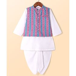 Babyhug Cotton Cambric Full Sleeves Solid Colour Kurta & Dhoti Set with Floral Printed Jacket - White & Purple