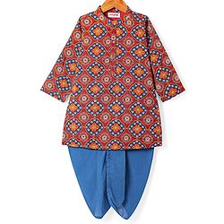 Babyhug Cotton Woven Full Sleeves Printed Kurta & Dhoti Set with Floral Print - Maroon