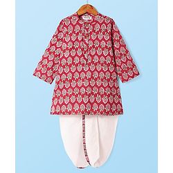 Babyhug Cotton Woven Full Sleeves Cambric Floral Printed Kurta & Dhoti Set - Red