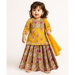 Babyhug Cotton Woven Three Fourth Sleeves Cambric Printed Choli Lehenga & Dupatta Set - Yellow