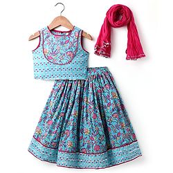 Babyhug Cotton Woven Sleeveless Cambric Printed Lehenga Choli & Dupatta Set - Light Blue