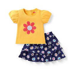 Babyhug Single Jersey Knit Puffed Sleeves Top & Skirt with Floral Print Sequin Detailing - Yellow & Navy Blue