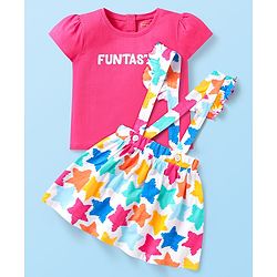 Babyhug Single Jersey Knit Cap Sleeves Top & Skirt Set with Text Star Print - Dark Pink