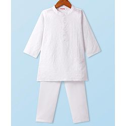 Babyhug Cotton Woven Cambric Schiffly Full Sleeves Kurta Pyjama Set - White