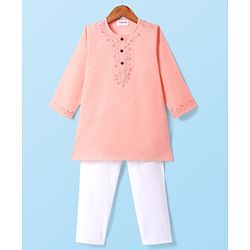 Babyhug Full Sleeves Cotton Woven Solid Kurta with Embriodery and Payjama Set - Coral