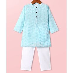Babyhug Cotton Woven Cambric Schiffly Full Sleeves Kurta Pyjama Set - Light Blue