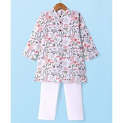Babyhug Full Sleeves Cotton Woven Kurta with Floral Print and Payjama Set - White
