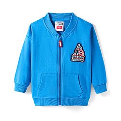 Babyhug Marvel Terry Knit Full Drop Shoulder Sleeves Bomber Jacket With Front & Back Avengers Graphics Kangaroo Pockets - Blue