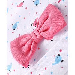Babyhug Interlock Knit Cap With Bird & Polka Dot Print & Bow Applique - White