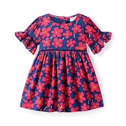 Babyhug Rayon Woven Half Sleeves Frock with Floral Print - Blue & Dark Pink