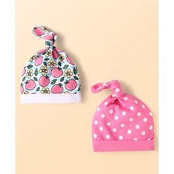 Babyhug Interlock Knit Caps with Floral Print & Polka Dots Pack of 2 - Pink & White - Diameter 9.5