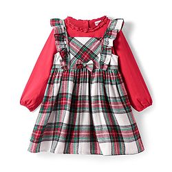 Babyhug Cotton Woven Checkered Frock With Full Sleeves Solid Colour Inner Tee - Green & Red