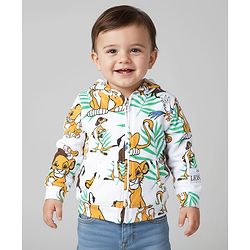 Babyhug Disney Terry Knit Full Sleeves Hooded Sweatjacket With Simba & Friends Print Kangaroo Pockets - White