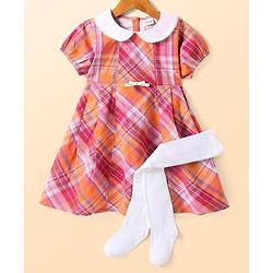 Babyhug Cotton Woven Half Sleeves Checkered Frock With Peter Pan Collar & Stockings - Dark Pink