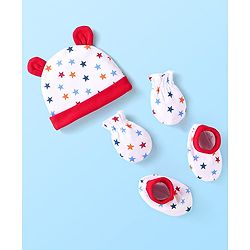 Babyhug Interlock Knit Caps Mittens & Booties With Star Print & Ear Applique - White