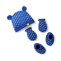 Babyhug Interlock Knit Caps Mittens & Booties With Heart Print & Ear Applique - Navy Blue