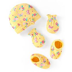 Babyhug 100% Cotton Knit Cap Mittens & Booties Set with Bow Applique & Floral Print Yellow - Diameter 9 cm