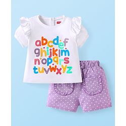 Babyhug Single Jersey Knit Half Puffed Sleeves with Polka Dots & Text Printed Top & Shorts Set - White & Purple
