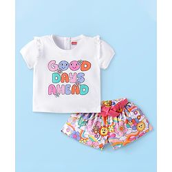 Babyhug Single Jersey Knit Half Sleeves Text Printed Top & Shorts Set - White & Pink